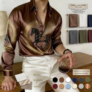 Nuova <span class=keywords><strong>Camicia</strong></span> Casual da Uomo a Maniche Lunghe <span class=keywords><strong>con</strong></span> Stampa Cavallo Multicolore Arancione e Oro, Monopetto, in Seta Satinata <span class=keywords><strong>con</strong></span> Stampa 3D - Product Image 4