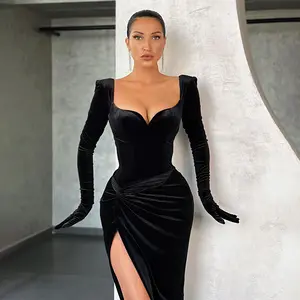2021 Quinceanera Women gown Velvet Long Sleeve Bodycon Dress Vintage Side Slit Twist Evening black frocks