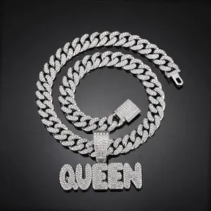 Hip Hop Bling Iced Out Letters Big Queen Pendant with 12mm Prong Cuban Chain Necklace