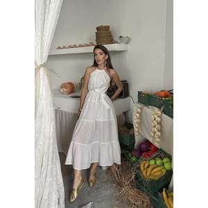 Vestido de corte A con cintura elástica, cuello halter y cinturón, tejido transpirable para uso diario informal - Product Image 6