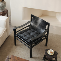 Fauteuil lounge en cuir pleine fleur style Mid-Century Modern, chaise de chasse scandinave, fauteuil d'appoint en bois de frêne massif pour hôtel et café