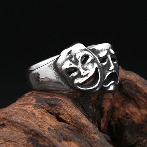 Anillo Masculino con Diseño de Máscara, Plata Tibetana, Caras de Comedia y Tragedia, Estilo Punk Rock Hip Hop, Joyería Casual, Tallas 7 8 9 10 11 12 13 - Product Image 1