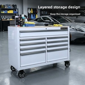 Carrito de Herramientas Resistente de Nueve Cajones con Tomacorriente, Superficie de Madera y Asa de Empuje; Gabinete de Almacenamiento Móvil para Taller - Product Image 3