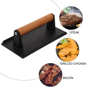 Parrilla de bistec de hierro fundido resistente personalizada, peso de bistec, prensa de hamburguesa, prensa de parrilla, prensa de tocino con mango de madera