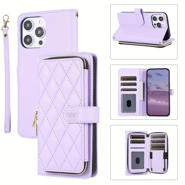 12-16 Pro Max Luxury TPU+PU Mobile Phone Case Zippered Handbag Style Kickstand Card Slots Shockproof Waterproof Plain Design for