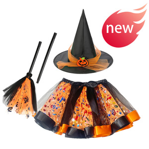 Costume d'Halloween pour enfants, jupe tutu en maille imprimée, chapeau de sorcière et balai, jupe bouffante, style européen et américain pour filles - Product Image 2