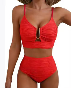 Maillot de bain deux pièces texturé fait main pour femme, 9 couleurs, taille haute, bikini bandeau, motif uni, tailles S-XL, logo avant, effet délavé - Product Image 3