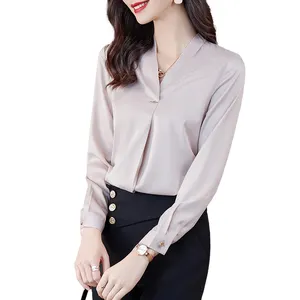 थोक उच्च गुणवत्ता के नए सुरुचिपूर्ण महिला ढीला शर्ट वि गर्दन बेज सफेद आरामदायक महिलाओं लंबी आस्तीन कार्यालय महिलाओं ब्लाउज