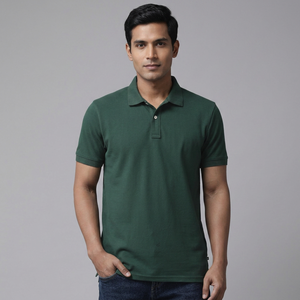 เสื้อโปโลผู้ชายสีเขียว แขนสั้น ผ้าคอตตอนปิเก้ ทรงปกติ สวมใส่สบาย ระบายอากาศได้ดี สีพื้น ดีไซน์แบบถัก - Product Image 1