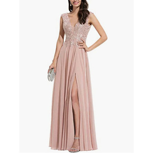 Elegant Long Bridesmaid Dress V Neck Chiffon A Line Backless Formal Evening Gown Natural Waistline - Product Image 1