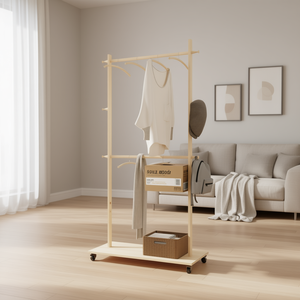 Perchero de madera maciza moderno Db de 2 niveles con estante ajustable y ruedas para almacenamiento en el dormitorio - Product Image 2