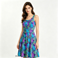 Robe skater pour femme, imprimé feuilles de Monstera tropicales néon, sans manches, col rond, coupe trapèze, avec poches latérales