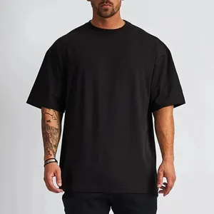 Toptan elastan yuvarlak boyun çizgi Tee gömlek özel hiçbir marka ağır Vintage Tshirt siyah düz büyük boy T gömlek erkekler için
