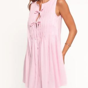 Vestido de Lino Casual de Verano 2025, Nuevo, con Lazos Delanteros, Plisado, Mini Vestido de Playa - Product Image 4