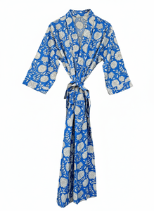 Blue <b>Kimono</b> Robe Cotton Floral Hand Block Print Breathable Long Sleeve Nightwear & <b>Beach</b> Cover-Up for Women's Type - Product Image 2