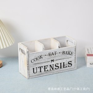 Boîte de rangement en bois pour ustensiles de cuisine, avec compartiments, pour utilisation sur table de cuisine, rectangulaire, blanc et noir - Product Image 4