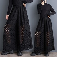 Pantalon Palazzo Femme Noir à Jambes Larges avec Superposition de Dentelle Transparente et Taille Élastique, Collection Printemps-Été 2026 – Vente en Gros