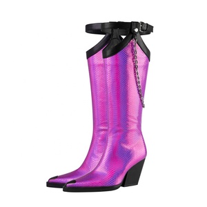 Cow Boy Western Styles Women Snake Print Knee High <b>Boots</b> Wedge Chunky Heels Metal Chain Booties Wide Feet Size 46 Shoes - Product Image 6