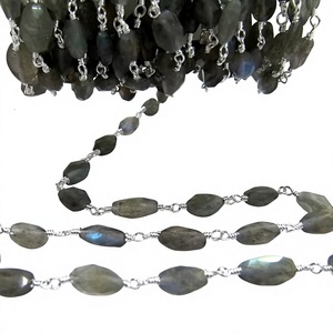 Natural Labradorite Oval Faceted Gray Beaded <b>Rosary</b> Chain Sold Per Feet - Product Image 1