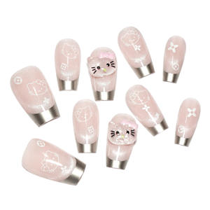 Fransız Tarzı Altın Simli Tam Kaplama Kedi Gözü Kısa Boy Tırnak Süsü Çıkarılabilir Takma Tırnaklar Sevimli Hello Kitty Kedi Giyilebilir Takma Tırnaklar - Product Image 3