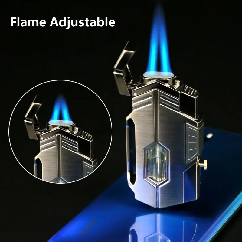 Unique Custom logo adjustable butane Gas Refillable torch 2 Jet Flames Windproof cocktail smoker with Cigar Punch Cutter