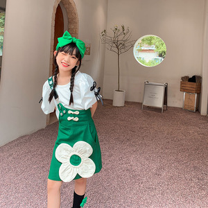 2022 Big Girl Fashion Outfit <b>Set</b> White Short Sleeve Bows Shirt +Green Floral <b>Suspender</b> Dress 2 Pcs Garment <b>Set</b> 5-15 Years - Product Image 3