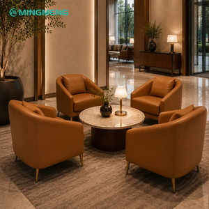 Ensemble de fauteuils en cuir modernes pour hall d'hôtel, table basse ronde en pierre frittée, mobilier de réception et de négociation pour bureau de vente - Product Image 4