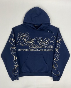 Felpa con Cappuccio Oversize Invernale Jakis Christ 'The Ninth Veil' con Stampa Scritta e Cerniera, Foderata, Stile Gotico Streetwear Blu Navy - Product Image 2
