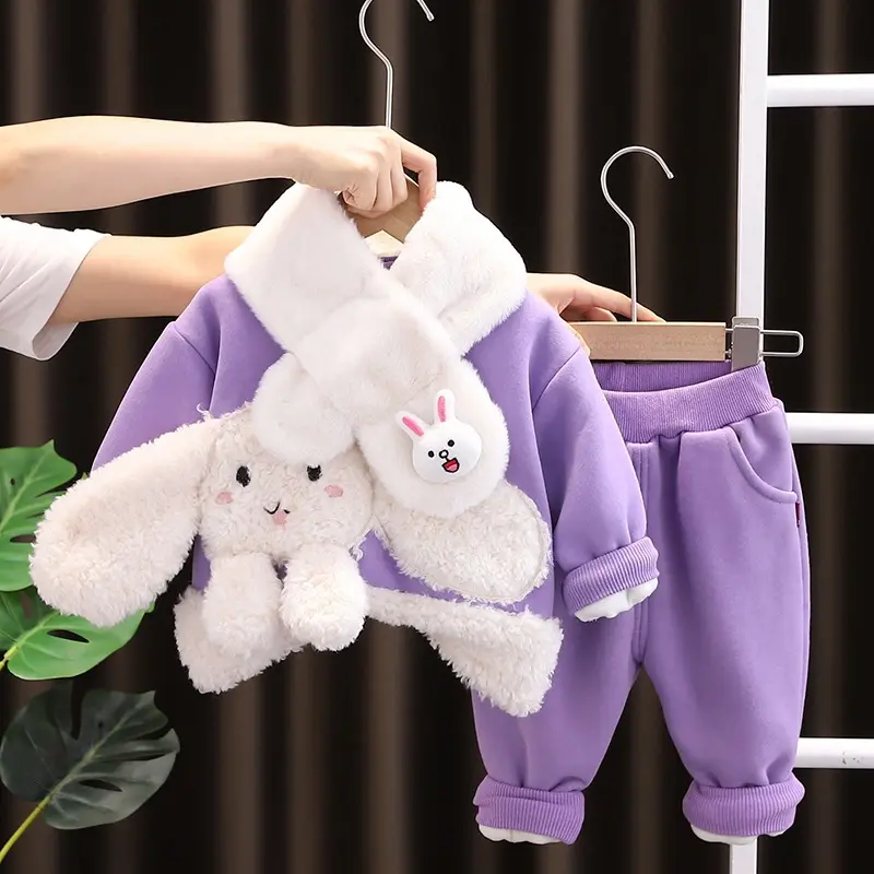 Kinder kleidung Babys Herbst tragen Schal Hase Plüsch Sweatshirt zweiteiliges Set Kapuzen pullover Hoodie Kleinkind
