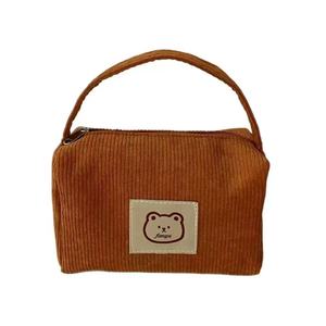 Portable Corduroy Cosmetic Pouch Cute Bear Print Zipper <b>Makeup</b> Bag with Handle for Travel Organization - Product Image 1
