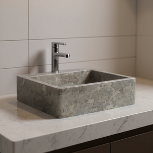 Lavabo de Baño de Mármol Gris, 15.7x15.7x4.7, Cuadrado, Pulido, Sobre Encimera, Diseño Moderno - Product Image 2