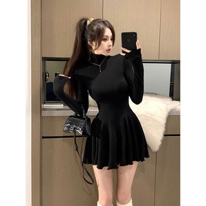 High Neck Long Sleeve Dress Tight Waist Pleated Skirt Solid Color Casual Daily Wear Gray Black Women's Autumn Winter Style - Product Image 3