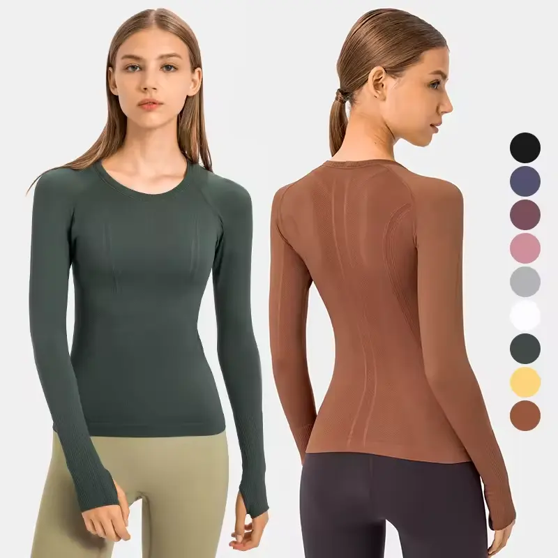D19083 Seamless lulu Workout Shirts for Women Long Sleeve Yoga Tops Sports Running Shirt Breathable Athletic Top Slim Fit