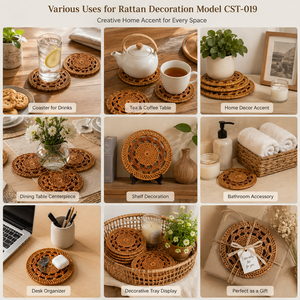 Plateau décoratif rond en rotin tressé à la main, accent de table rustique naturel pour la maison, l'hôtel, la station balnéaire, décoration intérieure bohème - Product Image 4