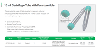 Tube de centrifugation 12500xg 15mL avec trou de ponction et joint en caoutchouc butyle, embout pour aiguille, sans DNase/RNase, non pyrogène