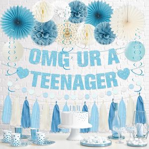 Décorations pour le 13e <span class=keywords><strong>anniversaire</strong></span>, bleu clair pailleté OMG Tu es une adolescente |   Bannière Joyeux <span class=keywords><strong>13</strong></span>ème <span class=keywords><strong>Anniversaire</strong></span>, Éventails en Papier, Pompons pour Garçons et Filles - Product Image 5