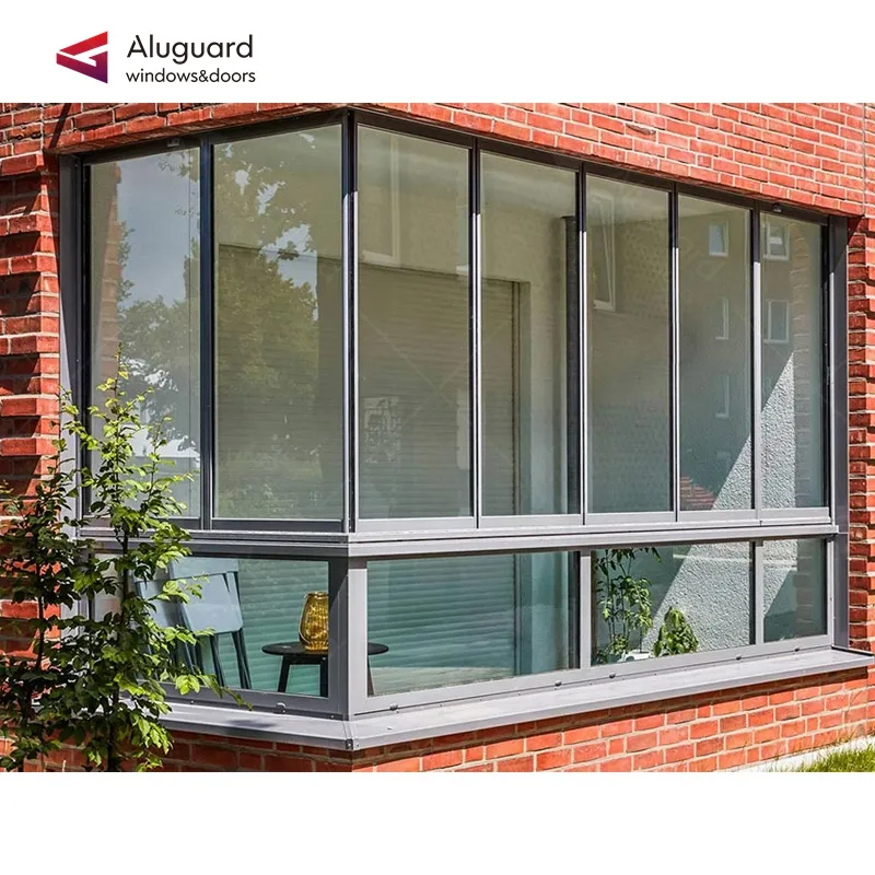 Security balcony unbreakable hurricane window bronze color sliding aluminium window double tempered corner glass window