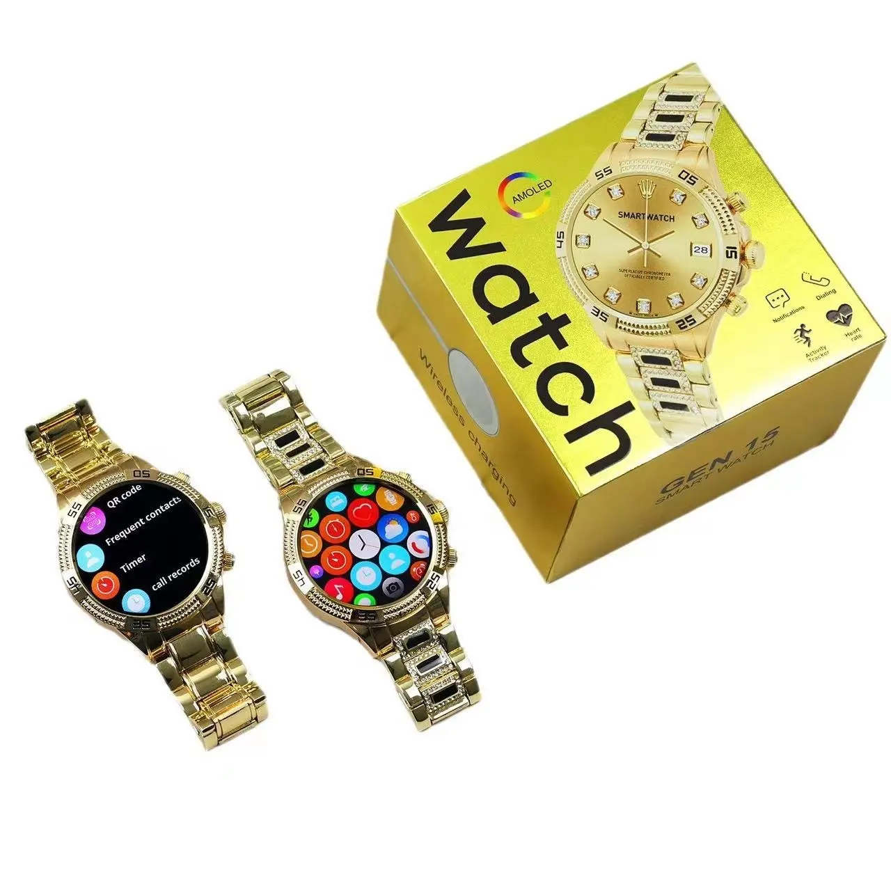 Offres Spéciales Gen 15 montre intelligente couleur or luxe 1.3 pouces Amoled Smartwatch rond or Fitness Tracker reloj inteligente