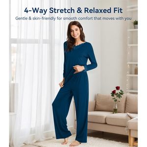 Ensemble de pyjama en viscose de bambou pour femmes, manches longues, dentelle, pantalon de détente avec poches, taille plus S-4X - Product Image 3