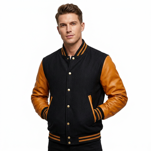 Men's Black <b>Wool</b> Varsity Jacket With Brown Leather Sleeves Button Front Turn-down Collar Casual Autumn Outerwear - Product Image 1
