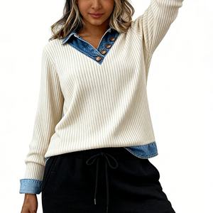 Women's Ribbed Knit Denim Trim Knit <b>Shirt</b> - V-Neck Button Detail Long Sleeve Top Fashion - Product Image 2