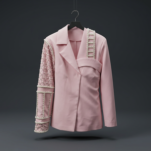 Elegante Conjunto Coordinado Rosa de Verano con Intrincado Trabajo de Perlas, Manga Asimétrica, Ropa Contemporánea para Mujer, Secado Rápido, Impermeable - Product Image 1