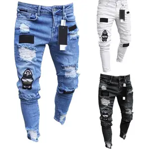 Nouveau Style hommes et femmes en détresse détruit Badge Pantalon Art Patches Skinny Biker Blanc Jeans Slim Pantalon hommes et femmes denim