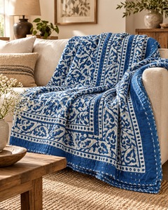 Cubrecama Kantha con Estampado Floral Azul Paisley, 90×108 Pulgadas, para Cama Doble, Estilo Boho, Hecho a Mano, Colcha de Algodón Indio Vintage - Product Image 3