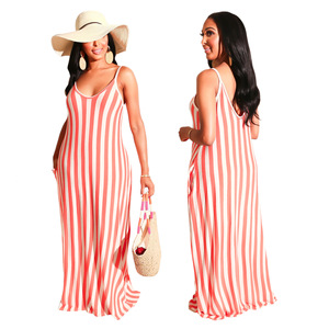 Robe Maxi à bretelles Spaghetti et col en V pour femme, vêtement grande <span class=keywords><strong>taille</strong></span> <span class=keywords><strong>2XL</strong></span>, à la mode, ample, à rayures imprimées, poche latérale, vente en gros - Product Image 2