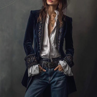 Veste longue en velours marine brodée avec poignets ornés pour femme, style vintage, vêtement d'extérieur d'automne, personnalisable, marque privée, OEM