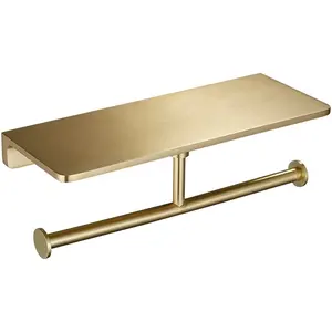 Luxury and quality strong and heavy brushed gold zinc alloy dual roll double tissue paper holder with phone shelf