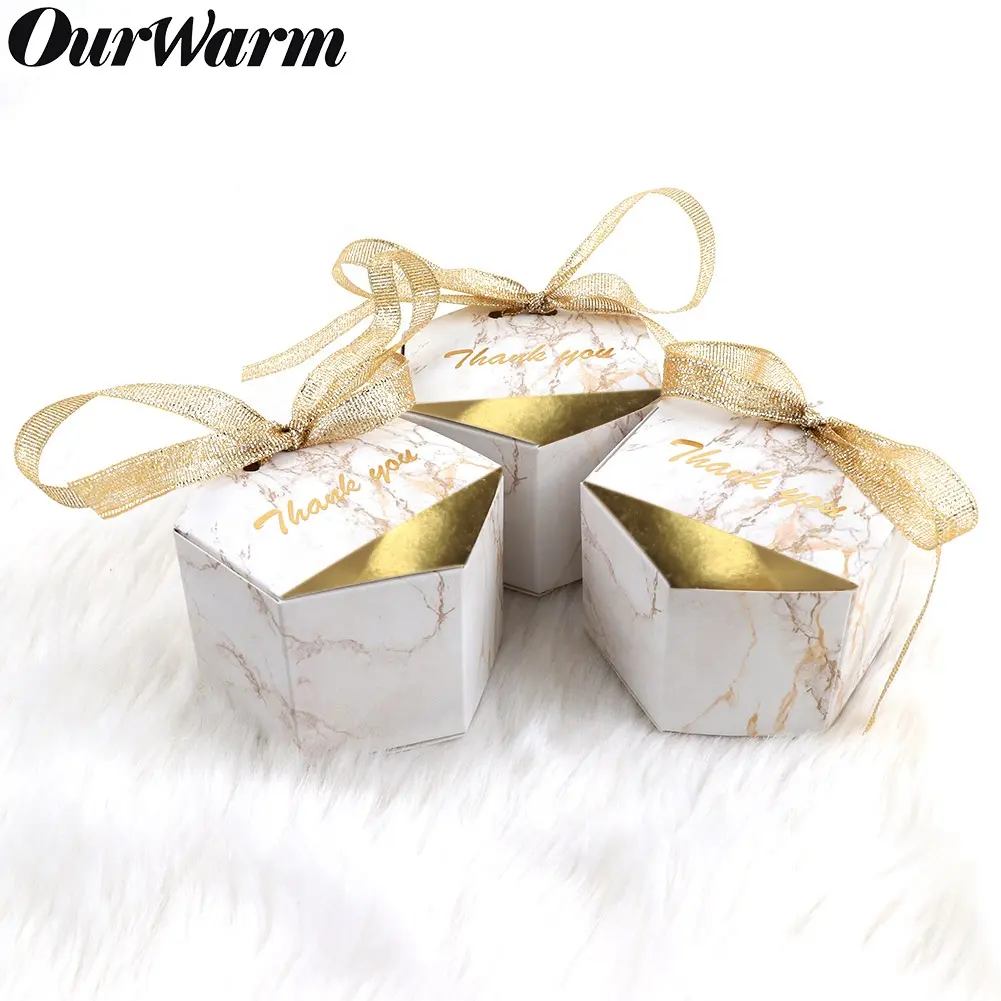 OurWarm 10Pcs Marble Style Hexagon Candy Box Wedding Favors Paper Gift Boxes with Ribbon For Birthday Party Supplies