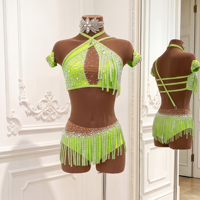 Costume de danse jazz lyrique personnalisé, vert néon, franges, strass, tenue de compétition de danse, vêtements de scène pour filles