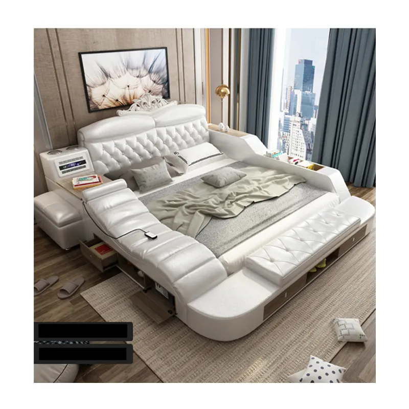 เตียงคิงไซส์หนัง,เฟอร์นิเจอร์ห้องนอนสีขาวทันสมัยพร้อมลำโพงที่ชาร์จ USB เตียงโซฟานวด